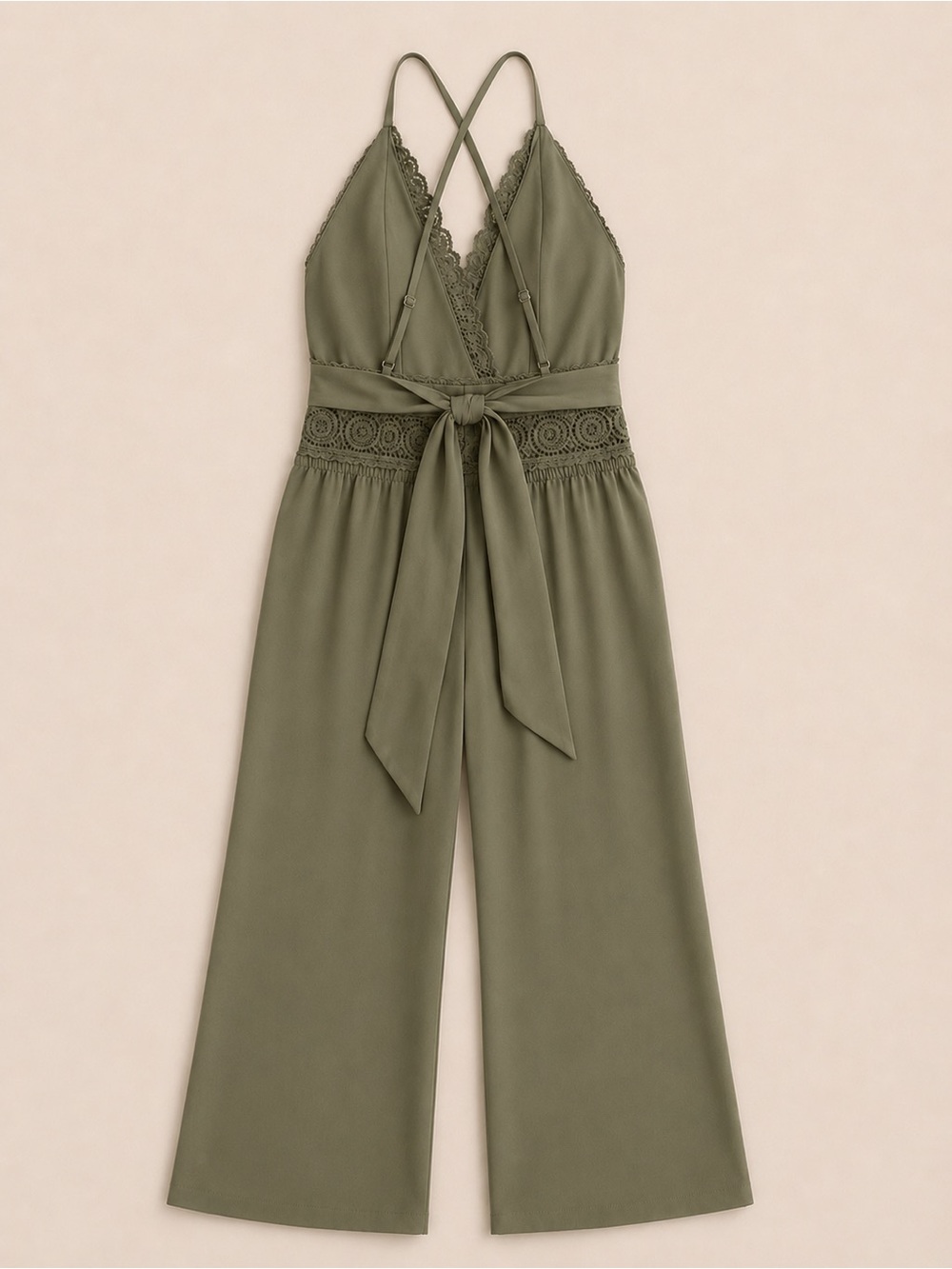 Blashe Olive Green Crochet Lace Wide Leg Jumpsuit Medium Boho Pockets - Picture 3 of 3